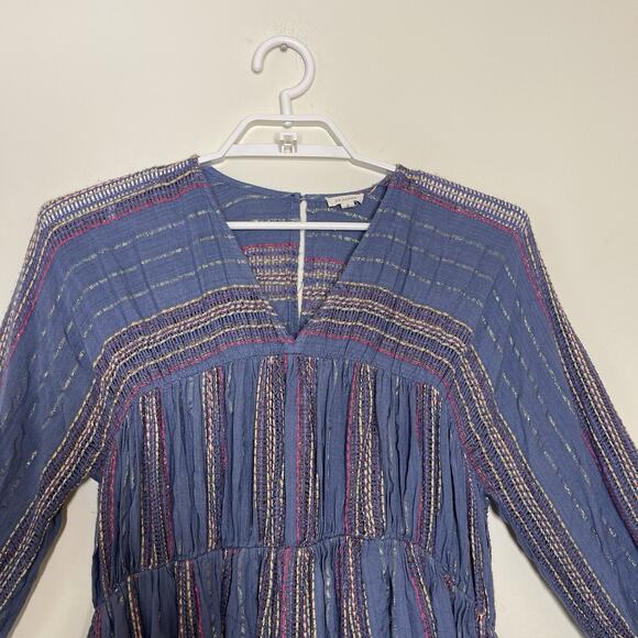 EN CRÈME Blue Colorful Metallic Tiered Sun Dress Tie‎ Tassel Sleeve Boho Sz S - Picture 2 of 11